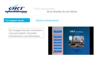  Le support visuel            Boutons d’accès direct



    Sur la page d’accueil, six boutons
    vous permettent d’accéder
    directement à une thématique
 