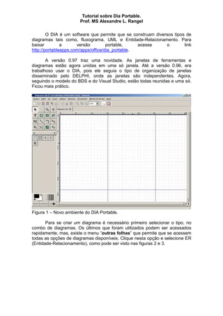 Tutorial sobre Dia Portable.
Prof. MS Alexandre L. Rangel
O DIA é um software que permite que se construam diversos tipos de
diagramas tais como, fluxograma, UML e Entidade-Relacionamento. Para
baixar a versão portable, acesse o link
http://portableapps.com/apps/office/dia_portable.
A versão 0.97 traz uma novidade. As janelas de ferramentas e
diagramas estão agora unidas em uma só janela. Até a versão 0.96, era
trabalhoso usar o DIA, pois ele seguia o tipo de organização de janelas
disseminado pelo DELPHI, onde as janelas são independentes. Agora,
seguindo o modelo do BDS e do Visual Studio, estão todas reunidas e uma só.
Ficou mais prático.
Figura 1 – Novo ambiente do DIA Portable.
Para se criar um diagrama é necessário primeiro selecionar o tipo, no
combo de diagramas. Os últimos que foram utilizados podem ser acessados
rapidamente, mas, existe o menu “outras folhas” que permite que se acessem
todas as opções de diagramas disponíveis. Clique nesta opção e selecione ER
(Entidade-Relacionamento), como pode ser visto nas figuras 2 e 3.
 