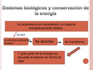 Un ecosistema es considerado un sistema
                  energéticamente abierto,

          Es decir

La energía ingresa del
exterior
                         Se absorbe           Se transforma


           Y gran parte de la energía es
           devuelta al exterior en forma de
           calor
 