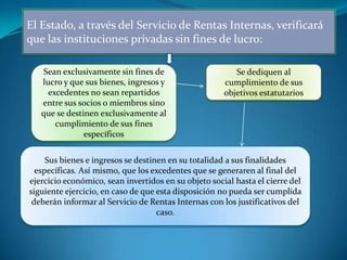 El Estado, a través del Servicio de Rentas Internas, verificará
que las instituciones privadas sin fines de lucro:

   Sean exclusivamente sin fines de                      Se dediquen al
   lucro y que sus bienes, ingresos y                 cumplimiento de sus
     excedentes no sean repartidos                    objetivos estatutarios
   entre sus socios o miembros sino
   que se destinen exclusivamente al
       cumplimiento de sus fines
               específicos


     Sus bienes e ingresos se destinen en su totalidad a sus finalidades
  específicas. Así mismo, que los excedentes que se generaren al final del
ejercicio económico, sean invertidos en su objeto social hasta el cierre del
siguiente ejercicio, en caso de que esta disposición no pueda ser cumplida
 deberán informar al Servicio de Rentas Internas con los justificativos del
                                    caso.
 