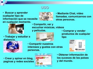 USO
• Buscar y aprender
cualquier tipo de
información que se necesite
en cualquier momento.
• Mediante Chat, video
llamadas, comunicarnos con
otras personas.
• Compartir, ver y
escuchar músicas, videos
y películas.
• Trabajar y estudiar a
distancia.
• Crear y opinar en blog,
paginas y redes sociales
• Compartir nuestros
intereses y gustos con otras
personas.
• Comprar y vender
productos de cualquier
tipo
• Obtener información de
los sucesos de los países
y del mundo.
 