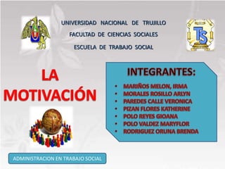 UNIVERSIDAD NACIONAL DE TRUJILLO
                    FACULTAD DE CIENCIAS SOCIALES

                     ESCUELA DE TRABAJO SOCIAL




ADMINISTRACION EN TRABAJO SOCIAL
 