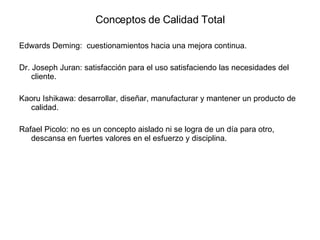 Conceptos de Calidad Total Edwards Deming:  cuestionamientos hacia una mejora continua. Dr. Joseph Juran: satisfacción para el uso satisfaciendo las necesidades del cliente. Kaoru Ishikawa: desarrollar, diseñar, manufacturar y mantener un producto de calidad. Rafael Picolo: no es un concepto aislado ni se logra de un día para otro, descansa en fuertes valores en el esfuerzo y disciplina. 