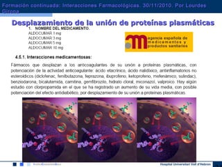 Hospital Universitari Vall d’Hebron
Desplazamiento de la unión de proteínas plasmáticasDesplazamiento de la unión de proteínas plasmáticas
Formación continuada: Interacciones Farmacológicas. 30/11/2010. Por LourdesFormación continuada: Interacciones Farmacológicas. 30/11/2010. Por Lourdes
GironaGirona
 