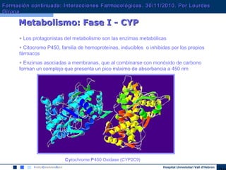 Hospital Universitari Vall d’Hebron
Metabolismo: Fase I - CYPMetabolismo: Fase I - CYP
• Los protagonistas del metabolismo son las enzimas metabólicas
• Citocromo P450, familia de hemoproteínas, inducibles o inhibidas por los propios
fármacos
• Enzimas asociadas a membranas, que al combinarse con monóxido de carbono
forman un complejo que presenta un pico máximo de absorbancia a 450 nm
Cytochrome P450 Oxidase (CYP2C9)
Formación continuada: Interacciones Farmacológicas. 30/11/2010. Por LourdesFormación continuada: Interacciones Farmacológicas. 30/11/2010. Por Lourdes
GironaGirona
 
