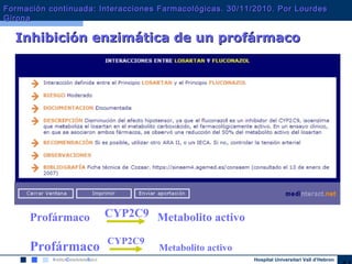 Hospital Universitari Vall d’Hebron
Inhibición enzimática de un profármacoInhibición enzimática de un profármaco
Profármaco Metabolito activoCYP2C9
CYP2C9
Profármaco Metabolito activo
Formación continuada: Interacciones Farmacológicas. 30/11/2010. Por LourdesFormación continuada: Interacciones Farmacológicas. 30/11/2010. Por Lourdes
GironaGirona
 