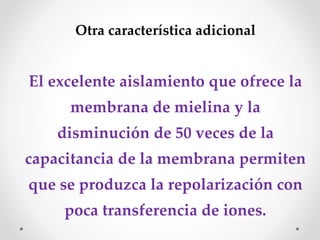 Otra característica adicional
El excelente aislamiento que ofrece la
membrana de mielina y la
disminución de 50 veces de la
capacitancia de la membrana permiten
que se produzca la repolarización con
poca transferencia de iones.
 