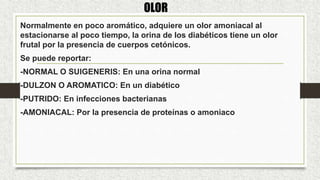 Normalmente en poco aromático, adquiere un olor amoniacal al
estacionarse al poco tiempo, la orina de los diabéticos tiene un olor
frutal por la presencia de cuerpos cetónicos.
Se puede reportar:
-NORMAL O SUIGENERIS: En una orina normal
-DULZON O AROMATICO: En un diabético
-PUTRIDO: En infecciones bacterianas
-AMONIACAL: Por la presencia de proteínas o amoniaco
OLOR
 
