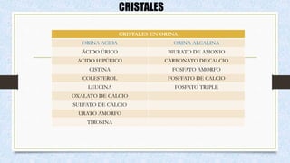 CRISTALES
CRISTALES EN ORINA
ORINA ACIDA ORINA ALCALINA
ÁCIDO ÚRICO BIURATO DE AMONIO
ACIDO HIPÚRICO CARBONATO DE CALCIO
CISTINA FOSFATO AMORFO
COLESTEROL FOSFFATO DE CALCIO
LEUCINA FOSFATO TRIPLE
OXALATO DE CALCIO
SULFATO DE CALCIO
URATO AMORFO
TIROSINA
 