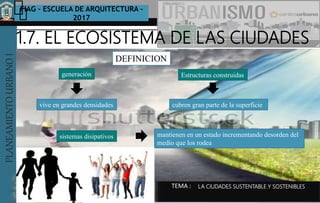 PLANEAMIENTOURBANOI FIAG – ESCUELA DE ARQUITECTURA -
2017
TEMA :
PLANEAMIENTOURBANOI
1.7. EL ECOSISTEMA DE LAS CIUDADES
LA CIUDADES SUSTENTABLE Y SOSTENIBLES
generación Estructuras construidas
sistemas disipativos mantienen en un estado incrementando desorden del
medio que los rodea
vive en grandes densidades cubren gran parte de la superficie
DEFINICION
 