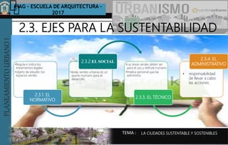PLANEAMIENTOURBANOI FIAG – ESCUELA DE ARQUITECTURA -
2017
TEMA :
PLANEAMIENTOURBANOI
LA CIUDADES SUSTENTABLE Y SOSTENIBLES
2.3. EJES PARA LA SUSTENTABILIDAD
•Regula e indica los
lineamientos legales
•objeto de estudio: los
espacios verdes
2.3.1. EL
NORMATIVO
•áreas verdes urbanas es un
asunto humano para el
desarrollo
2.3.2.EL SOCIAL
•Las áreas verdes deben ser
para el uso y disfrute humano
•Implica personal que las
administra
2.3.3. EL TÉCNICO
2.3.4. EL
ADMINISTRATIVO
• responsabilidad
de llevar a cabo
las acciones
 