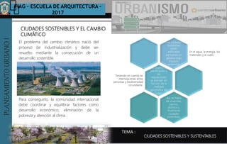 PLANEAMIENTOURBANOI FIAG – ESCUELA DE ARQUITECTURA -
2017
TEMA :
PLANEAMIENTOURBANOI
CIUDADES SOSTENIBLES Y EL CAMBIO
CLIMÁTICO
CIUDADES SOSTENIBLES Y SUSTENTABLES
El problema del cambio climático nació del
proceso de industrialización y debe ser
resuelto mediante la consecución de un
desarrollo sostenible.
Para conseguirlo, la comunidad internacional
debe coordinar y equilibrar factores como
desarrollo económico, eliminación de la
pobreza y atención al clima.
Las ciudades
sostenibles
están
edificadas
pensando en
generar bajo
impacto
ambiental.
En el agua, la energía, los
materiales y el suelo.
Su diseño, la
planificación y
las
regulaciones
se piensan en
función de la
realidad
geográfica del
lugar.
Teniendo en cuenta las
interrelaciones entre
personas y biodiversidad
circundante.
Así, se habla
de viviendas,
barrios,
distritos y,
finalmente
ciudades
sostenibles.
 