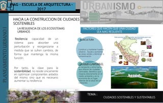 PLANEAMIENTOURBANOI FIAG – ESCUELA DE ARQUITECTURA -
2017
TEMA :
PLANEAMIENTOURBANOI
CIUDADES SOSTENIBLES Y SUSTENTABLES
Resiliencia: capacidad de un
sistema para absorber una
perturbación y reorganizarse a
medida que se sufren cambios, de
forma que mantenga la misma
función.
LA RESILIENCIA DE LOS ECOSISTEMAS
URBANOS
HACIA LA CONSTRUCCION DE CIUDADES
SOSTENIBLES
Por tanto, la clave para la
sostenibilidad, no reside únicamente
en optimizar componentes aislados
del mismo sino que es necesario
aumentar su resiliencia.
FACTORES QUE HACEN QUE UNA CIUDAD
SEA MAS RESILIENTE
AGRICULTURA
Construir y mantener huertos
urbanos . Ayuda a aumentar
las áreas verdes y disminuir la
contaminación
CIUDADES CAMINABLESLa conexión con el comercio,
el transporte y entre barrios
que ofrecen las ciudades
caminables. Beneficio que
impacta directamente en el
medio ambiente y en la
economía de un lugar,
además de la salud de sus
habitantes.
 