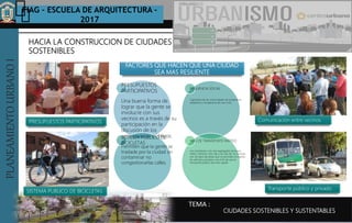 PLANEAMIENTOURBANOI FIAG – ESCUELA DE ARQUITECTURA -
2017
TEMA :
PLANEAMIENTOURBANOI
CIUDADES SOSTENIBLES Y SUSTENTABLES
HACIA LA CONSTRUCCION DE CIUDADES
SOSTENIBLES
FACTORES QUE HACEN QUE UNA CIUDAD
SEA MAS RESILIENTE
PRESUPUESTOS
PARTICIPATIVOS
Una buena forma de
lograr que la gente se
involucre con sus
vecinos es a través de su
participación en la
discusión de los
presupuestos públicos.SISTEMA PUBLICO DE
BICICLETAS
Permiten que la gente se
traslade por la ciudad sin
contaminar no
congestionarlas calles.
RESILIENCIA SOCIAL
Capacidad de las comunidades de prepararse,
adaptarse y recuperarse de una crisis.
VIAS DE TRANSPORTE RAPIDO
Los corredores y las vías segregadas de buses,
metro, tranvías, ciclo vías y las vías de los tranvías
son los tipos de pistas que no permiten el ingreso
de vehículos privados con el fin de que el
transporte público sea más rápido.
PRESUPUESTOS PARTICIPATIVOS
SISTEMA PUBLICO DE BICICLETAS
Comunicación entre vecinos
Transporte público y privado
 