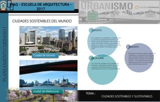 PLANEAMIENTOURBANOI FIAG – ESCUELA DE ARQUITECTURA -
2017
TEMA :
PLANEAMIENTOURBANOI
CIUDADES SOSTENIBLES DEL MUNDO
CIUDADES SOSTENIBLES Y SUSTENTABLES
TORONTO
En Canadá, es la candidata a convertirse en
la ciudad más sostenible de América del
Norte, y para demostrarlo creó un plan de
acción de cambio climático cuyo principal
objetivo es reducir en un 80% las emisiones
de gases de efecto invernadero para el
2050.
MELBOURNE
Es una de las ciudades más pobladas de
Australia y más extensas del mundo, con
una gran cantidad de espacios verdes
disponibles que hacen a la calidad del aire.
TORONTO
Promueve los techos verdes, exige a sus
ciudadanos la separación de residuos,
ubica paneles solares en todo edificio
estatal y hasta se mete con la comida
natural. Si hay algún terreno libre, lo
habilita para que entre varios puedan
usar esta tierra para cultivar
Ciudad de toronto
ciudad de Melbourne
 