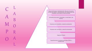 Áreas de Finanzas, Administración, Recursos Humanos,
Control de Gestión y Administración de Operaciones de
empresas nacionales e internacionales.
Entidades financieras, industriales, comerciales y de
servicio.
Empresas de consultoría y asesoría empresarial.
Empresas de consultoría y asesoría empresarial.
Negocios Propios
Organizaciones no gubernamentales (ONG) y
Fundaciones.
C
A
M
P
O
L
A
B
O
R
A
L
 