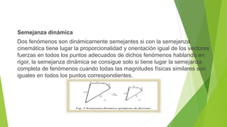 Semejanza dinámica
Dos fenómenos son dinámicamente semejantes si con la semejanza
cinemática tiene lugar la proporcionalidad y orientación igual de los vectores
fuerzas en todos los puntos adecuados de dichos fenómenos hablando en
rigor, la semejanza dinámica se consigue solo si tiene lugar la semejanza
completa de fenómenos cuando todas las magnitudes físicas similares son
iguales en todos los puntos correspondientes.
 