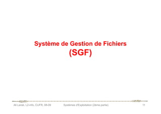 Système de Gestion de Fichiers
Système de Gestion de Fichiers
(SGF)
(SGF)
Ali Larab, L2-info, CUFR, 08-09 Systèmes d'Exploitation (2ème partie) 11
(SGF)
(SGF)
 
