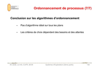 Ordonnancement de processus (7/7)
Ordonnancement de processus (7/7)
Conclusion sur les algorithmes d’ordonnancement
Conclusion sur les algorithmes d’ordonnancement
– Pas d’algorithme idéal sur tous les plans
– Les critères de choix dépendent des besoins et des attentes
Ali Larab, L2-info, CUFR, 08-09 Systèmes d'Exploitation (2ème partie) 138
 