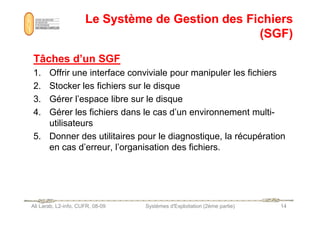 Le Système de Gestion des Fichiers
Le Système de Gestion des Fichiers
(SGF)
(SGF)
Tâches d’un SGF
Tâches d’un SGF
1. Offrir une interface conviviale pour manipuler les fichiers
2. Stocker les fichiers sur le disque
3. Gérer l’espace libre sur le disque
4. Gérer les fichiers dans le cas d’un environnement multi-
Ali Larab, L2-info, CUFR, 08-09 Systèmes d'Exploitation (2ème partie) 14
4. Gérer les fichiers dans le cas d’un environnement multi-
utilisateurs
5. Donner des utilitaires pour le diagnostique, la récupération
en cas d’erreur, l’organisation des fichiers.
 