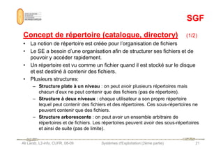 SGF
SGF
Concept de répertoire (catalogue, directory)
Concept de répertoire (catalogue, directory) (1/2)
• La notion de répertoire est créée pour l’organisation de fichiers
• Le SE a besoin d’une organisation afin de structurer ses fichiers et de
pouvoir y accéder rapidement.
• Un répertoire est vu comme un fichier quand il est stocké sur le disque
et est destiné à contenir des fichiers.
• Plusieurs structures:
Ali Larab, L2-info, CUFR, 08-09 Systèmes d'Exploitation (2ème partie) 21
• Plusieurs structures:
– Structure plate à un niveau : on peut avoir plusieurs répertoires mais
chacun d’eux ne peut contenir que des fichiers (pas de répertoire).
– Structure à deux niveaux : chaque utilisateur a son propre répertoire
lequel peut contenir des fichiers et des répertoires. Ces sous-répertoires ne
peuvent contenir que des fichiers.
– Structure arborescente : on peut avoir un ensemble arbitraire de
répertoires et de fichiers. Les répertoires peuvent avoir des sous-répertoires
et ainsi de suite (pas de limite).
 