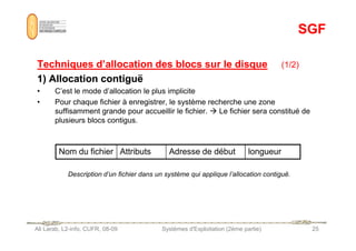 SGF
SGF
Techniques d’allocation des blocs sur le disque
Techniques d’allocation des blocs sur le disque (1/2)
1) Allocation contiguë
1) Allocation contiguë
• C’est le mode d’allocation le plus implicite
• Pour chaque fichier à enregistrer, le système recherche une zone
suffisamment grande pour accueillir le fichier.  Le fichier sera constitué de
plusieurs blocs contigus.
Ali Larab, L2-info, CUFR, 08-09 Systèmes d'Exploitation (2ème partie) 25
Description d’un fichier dans un système qui applique l’allocation contiguë.
Nom du fichier Attributs Adresse de début longueur
 