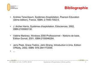 Bibliographie
Bibliographie
• Andrew Tanenbaum, Systèmes d'exploitation, Pearson Education
(2ème édition), France, ISBN: 2-7440-7002-5.
• J. Archer Harris, Systèmes d'exploitation, Edisciences, 2002,
ISBN:2100065130.
Ali Larab, L2-info, CUFR, 08-09 Systèmes d'Exploitation (2ème partie) 3
• Valérie Martinez, Windows 2000 Professionnel – Notions de base,
Edition Dunod, 2001, ISBN:2100046284.
• Jerry Peek, Grace Todino, John Strang, Introduction à Unix, Edition
O'Reilly, 2002, ISBN: 978-2841772094.
• ...
 
