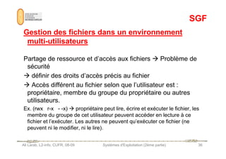 SGF
SGF
Gestion des fichiers dans un environnement
Gestion des fichiers dans un environnement
multi
multi-
-utilisateurs
utilisateurs
Partage de ressource et d’accès aux fichiers  Problème de
sécurité
 définir des droits d’accès précis au fichier
Ali Larab, L2-info, CUFR, 08-09 Systèmes d'Exploitation (2ème partie) 36
 Accès différent au fichier selon que l’utilisateur est :
propriétaire, membre du groupe du propriétaire ou autres
utilisateurs.
Ex. (rwx r-x - -x)  propriétaire peut lire, écrire et exécuter le fichier, les
membre du groupe de cet utilisateur peuvent accéder en lecture à ce
fichier et l’exécuter. Les autres ne peuvent qu’exécuter ce fichier (ne
peuvent ni le modifier, ni le lire).
 