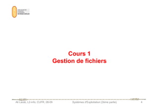 Cours 1
Cours 1
Ali Larab, L2-info, CUFR, 08-09 Systèmes d'Exploitation (2ème partie) 4
Cours 1
Cours 1
Gestion de fichiers
Gestion de fichiers
 