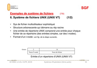 SGF
SGF
Exemples de système de fichiers
Exemples de système de fichiers (7/8)
6. Système de fichiers UNIX (UNIX V7) (1/2)
6. Système de fichiers UNIX (UNIX V7) (1/2)
• Sys de fichier multiutilisateur sophistiqué
• Structure arborescente qui démarre au rép racine
• Une entrée de répertoire UNIX comprend une entrée pour chaque
fichier de ce répertoire (des entrées simples, car des i-nodes).
Ali Larab, L2-info, CUFR, 08-09 Systèmes d'Exploitation (2ème partie) 55
fichier de ce répertoire (des entrées simples, car des i-nodes).
• Format d’un i-node: voir fig. de la diapo suivante.
Octets 2 14
Num d’i-node Nom du fichier
Entrée d’un répertoire d’UNIX (UNIX V7)
 