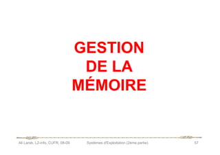 GESTION
GESTION
DE LA
DE LA
MÉMOIRE
MÉMOIRE
Ali Larab, L2-info, CUFR, 08-09 Systèmes d'Exploitation (2ème partie) 57
MÉMOIRE
MÉMOIRE
 