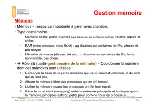 Gestion mémoire
Gestion mémoire
Mémoire
Mémoire
• Mémoire = ressource importante à gérer avec attention.
• Type de mémoires:
– Mémoire cache: petite quantité (qlq dizaines ou centaine de Ko), volatile, rapide et
chère,
– RAM (mém principale, inclus ROM) : qlq dizaines ou centaines de Mo, vitesse et
prix moyen
– Mémoire de masse (disque, clé usb…): dizaines ou centaines de Go, lente,
Ali Larab, L2-info, CUFR, 08-09 Systèmes d'Exploitation (2ème partie) 59
– Mémoire de masse (disque, clé usb…): dizaines ou centaines de Go, lente,
non volatile, pas chère.
•  Rôle SE (partie gestionnaire de la mémoire) = Coordonner la manière
dont ces mémoires sont utilisées :
1. Conserver la trace de la partie mémoire qui est en cours d’utilisation et de celle
qui ne l’est pas,
2. Allouer la mémoire libre aux processus qui en ont besoin,
3. Libérer la mémoire quand les processus ont fini leur travail,
4. Gérer le va-et-vient (swapping) entre la mémoire principale et le disque quand
la mémoire principale est trop petite pour contenir tous les processus.
 