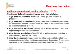 Gestion mémoire
Gestion mémoire
Multiprogrammation et gestion mémoire
Multiprogrammation et gestion mémoire (11/17)
(11/17)
Algorithmes d’allocation mémoire avec une «
Algorithmes d’allocation mémoire avec une « liste chaînée
liste chaînée »
»
1. Algo de la 1ère zone libre (first fit): Le 1er trou qui peut contenir le
processus
2. Algo de la zone libre suivante (next fit): idem que first fit mais commence
sa recherche à partir de l’endroit où il s’est arrêté la fois précédente au lieu
de recommencer dès le début.
Ali Larab, L2-info, CUFR, 08-09 Systèmes d'Exploitation (2ème partie) 72
3. Algo du meilleur ajustement (best fit): fait la recherche dans toute la liste
et prend le plus petit trou qui convient.
4. Algo du plus grand résidu (worst fit): fait la recherche dans toute liste et
prend le plus grand trou disponible.
5. Algo du déplacement rapide (quick fit): utilise plusieurs listes séparées
pour certaines des tailles les plus communément demandées  permet de
trouver un trou d’une taille donnée d’une façon extrêmement rapide.
 
