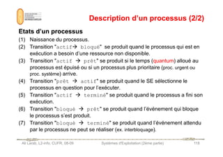 Description d’un processus (2/2)
Description d’un processus (2/2)
Etats d’un processus
Etats d’un processus
(1) Naissance du processus.
(2) Transition actif bloqué se produit quand le processus qui est en
exécution a besoin d’une ressource non disponible.
(3) Transition actif  prêt se produit si le temps (quantum) alloué au
processus est épuisé ou si un processus plus prioritaire (proc. urgent ou
proc. système) arrive.
(4) Transition    se produit quand le SE sélectionne le
Ali Larab, L2-info, CUFR, 08-09 Systèmes d'Exploitation (2ème partie) 118
(4) Transition prêt  actif se produit quand le SE sélectionne le
processus en question pour l’exécuter.
(5) Transition actif  terminé se produit quand le processus a fini son
exécution.
(6) Transition bloqué  prêt se produit quand l’événement qui bloque
le processus s’est produit.
(7) Transition bloqué  terminé se produit quand l’événement attendu
par le processus ne peut se réaliser (ex. interbloquage).
 