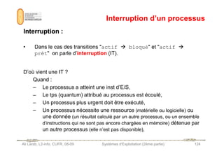 Interruption d’un processus
Interruption d’un processus
Interruption :
Interruption :
• Dans le cas des transitions actif  bloqué et actif 
prêt on parle d’interruption (IT).
D’où vient une IT ?
Quand :
Ali Larab, L2-info, CUFR, 08-09 Systèmes d'Exploitation (2ème partie) 124
Quand :
– Le processus a atteint une inst d’E/S,
– Le tps (quantum) attribué au processus est écoulé,
– Un processus plus urgent doit être exécuté,
– Un processus nécessite une ressource (matérielle ou logicielle) ou
une donnée (un résultat calculé par un autre processus, ou un ensemble
d’instructions qui ne sont pas encore chargées en mémoire) détenue par
un autre processus (elle n’est pas disponible),
 