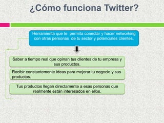 ¿Cómo funciona Twitter?
Herramienta que te permita conectar y hacer networking
con otras personas de tu sector y potenciales clientes.
Saber a tiempo real que opinan tus clientes de tu empresa y
sus productos.
Recibir constantemente ideas para mejorar tu negocio y sus
productos.
Tus productos llegan directamente a esas personas que
realmente están interesados en ellos.
 
