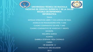 UNIVERSIDAD TÉCNICA DE MACHALA
FACULTAD DE CIENCIAS QUÍMICAS Y DE LA SALUD
ESCUELA DE ENFERMERÍA
INFORMÁTICA
TEMAS:
SISTEMAS OPERATIVOS LIBRES Y CON LICENCIA DE PAGA
MODELOS DE PROCESADORES INTEL Y AMD
CUADRO COMPARATIVO DE INTEL Y AMD
CUADRO COMPARATIVO DE WINDOWS Y UBUNTU
DOCENTE:
ING.ARINA GARCIA
ALUMNA:
GABRIELA ESTEFANIA VEGA CHONILLO
CURSO:
1ER SEMESTRE ¨A¨
MACHALA-EL ORO-ECUADOR
2013

 