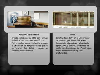 MÀQUINA DE HELLERITH

MARK I

• Creada en los años de 1880 por Herman
Hollerith, un experto en estadística
• Entre muchas cosas, Hollerith propuso
la utilización de tarjetas en las que se
perforarían los datos , según un
formato preestablecido.

• Construida en 1944 en la Universidad
de Harvard, por Howard H. Aiken
• Computadora basada en rieles (tenía
aprox. 3000), con 800 kilómetros de
cable, con dimensiones de 17 metros de
largo, 3 metros de alto y 1 de
profundidad.

 
