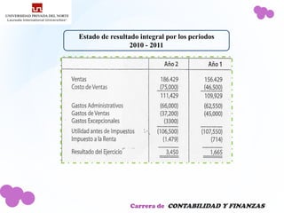 Estado de resultado integral por los periodos
                 2010 - 2011




                 Carrera de CONTABILIDAD Y FINANZAS
 