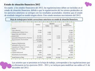 Estado de situación financiera 2012
En cuanto a los estados financieros del 2012, las regularizaciones deben ser incluidas en el
estado de situación financiera, debido a que la regularización del los errores producidos en
los ejercicios anteriores se corrigen con los resultados acumulados; mientras que el estado
de resultado integral no tendrá ningún efecto. Este estado mostrara movimientos del 2012.
      Hoja de trabajo para incluir correcciones anteriores en estado de situación financiera.




        Los asientos que se presentan en la hoja de trabajo, corresponden a las regularizaciones que
        se efectuaron en los ejercicios 2010 – 2011 y se incluyen para modificar sus saldos al 31 de
        diciembre del 2012.
 