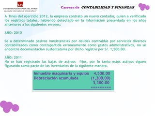 Carrera de CONTABILIDAD Y FINANZAS

A fines del ejercicio 2012, la empresa contrato un nuevo contador, quien a verificado
los registros totales, habiendo detectado en la información presentada en los años
anteriores a los siguientes errores:

AÑO: 2010

Se a determinado pasivos inexistencias por deudas contraídas por servicios diversos
contabilizados como contrapartida erróneamente como gastos administrativos, no se
encontró documentación sustentatoria por dicho registro por S/. 1,500.00.

AÑO: 2011
No se han registrado las bajas de activos fijos, por lo tanto estos activos siguen
figurando como parte de los inventarios de la siguiente manera.

                 Inmueble maquinaria y equipo 4,500.00
                 Depreciación acumulada      (1,200.00)
                                              3,300.00
                                             =========


            Se ha detectado la omisión del registro de una factura
            por venta de mercaderías por S/. 1,800.00
 