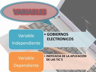 • GOBIERNOS
ELECTRONICOS
Variable
Independiente
• INEFICACIA DE LA APLICACIÓN
DE LAS TIC´SVariable
Dependiente
 