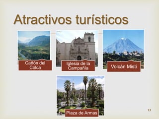 Atractivos turísticos 
 
Cañón del 
Colca 
Iglesia de la 
Campañía Volcán Misti 
Plaza de Armas 
13 
 