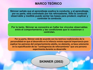 MARCO TEÓRICO 
Skinner señala que el aprendizaje explica la conducta, y el aprendizaje, 
por su parte, está controlado por los reforzadores. Sólo la conducta 
observable y medible puede sentar las bases para predecir, explicar y 
controlar la conducta. 
Por lo tanto, Skinner se concentra en hallar los vínculos observables 
entre el comportamiento y las condiciones que lo ocasionan o 
controlan. 
Por su parte, Skinner está de acuerdo con los teóricos tradicionales de la 
personalidad en que el desarrollo en la infancia reviste especial importancia para 
explicar los patrones del comportamiento adulto, no obstante, se basa solamente 
en la especificación de las "contingencias de reforzamiento" que una persona 
experimenta durante su desarrollo 
SKINNER (2002) 
 