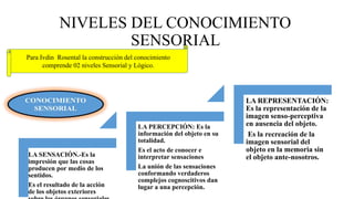 NIVELES DEL CONOCIMIENTO
SENSORIAL
Para Ivdin Rosental la construcción del conocimiento
comprende 02 niveles Sensorial y Lógico.
LA SENSACIÓN.-Es la
impresión que las cosas
producen por medio de los
sentidos.
Es el resultado de la acción
de los objetos exteriores
LA PERCEPCIÓN: Es la
información del objeto en su
totalidad.
Es el acto de conocer e
interpretar sensaciones
La unión de las sensaciones
conformando verdaderos
complejos cognoscitivos dan
lugar a una percepción.
LA REPRESENTACIÓN:
Es la representación de la
imagen senso-perceptiva
en ausencia del objeto.
Es la recreación de la
imagen sensorial del
objeto en la memoria sin
el objeto ante-nosotros.
 