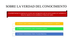 SOBRE LA VERDAD DEL CONOCIMIENTO
La verdad siempre se expresa en un juicio, por consiguiente solo los juicios pueden ser verdaderos o
falsos los objetos no son verdaderos ni falsos son reales.
LA VERDAD COMO CORRESPONDENCIA ENTRE EL CONOCIMIENTO Y EL OBJETO.
LA VERDAD CONSIDERADA COMO COHERENCIA LÓGICA.
LA VERDAD CONSIDERADA COMO UTILIDAD PRACTICA.
 