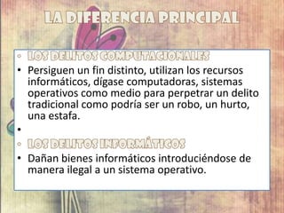 • Persiguen un fin distinto, utilizan los recursos
informáticos, dígase computadoras, sistemas
operativos como medio para perpetrar un delito
tradicional como podría ser un robo, un hurto,
una estafa.
•
• Dañan bienes informáticos introduciéndose de
manera ilegal a un sistema operativo.
 