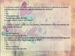 5.¿conoce usted la institución a la cual realizaría su denuncia al darse
cuenta que es víctima de esta modalidad de delitos?
* Si
* No
* Mas o menos
* Nunca escuche de ellos
6.¿diga usted cual es por favor?
…………………………………………………
7.¿conoce usted cuales son los delitos informáticos más frecuentes en
la ciudad de Tacna?
* Si
* No
* Se de algunos
* Nunca escuche de ello
8.¿conoce usted o ha oído hablar acerca de la División De Investigación
De Delitos De Alta Tecnología de la PNP?
* Si
* No
* Mas o menos
* Nunca escuche de ello
 