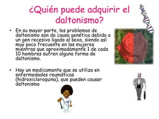¿Quién puede adquirir el
daltonismo?
• En su mayor parte, los problemas de
daltonismo son de causa genética debido a
un gen recesivo ligado al sexo, siendo así
muy poco frecuente en las mujeres
mientras que aproximadamente 1 de cada
10 hombres sufren alguna forma de
daltonismo.
• Hay un medicamento que se utiliza en
enfermedades reumáticas
(hidroxicloroquina), que pueden causar
daltonismo
 