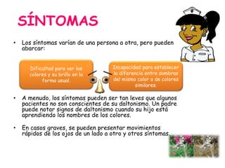 SÍNTOMAS
• Los síntomas varían de una persona a otra, pero pueden
abarcar:
• A menudo, los síntomas pueden ser tan leves que algunos
pacientes no son conscientes de su daltonismo. Un padre
puede notar signos de daltonismo cuando su hijo está
aprendiendo los nombres de los colores.
• En casos graves, se pueden presentar movimientos
rápidos de los ojos de un lado a otro y otros síntomas.
Dificultad para ver los
colores y su brillo en la
forma usual.
Incapacidad para establecer
la diferencia entre sombras
del mismo color o de colores
similares.
 
